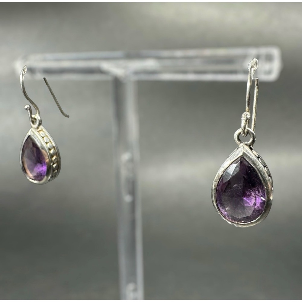 Sterling Silver 925 Pear Cut Amethyst Dangle Earrings Beaded Bezel 5g